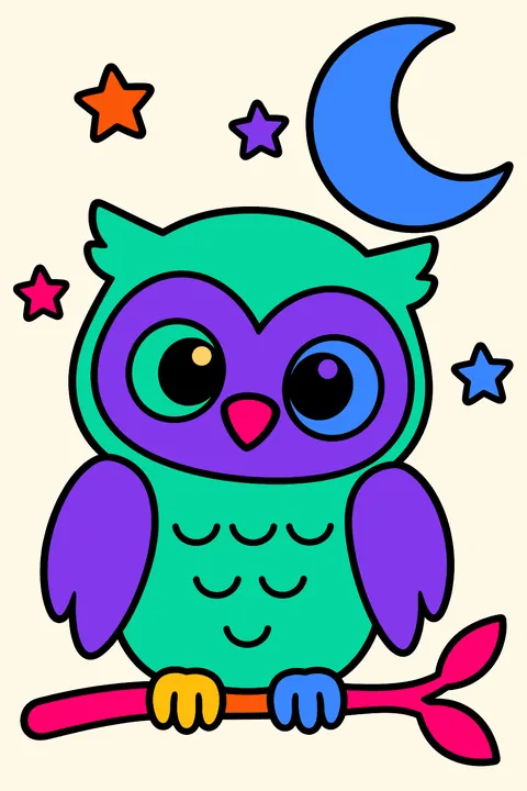 Owl and a moon coloring page