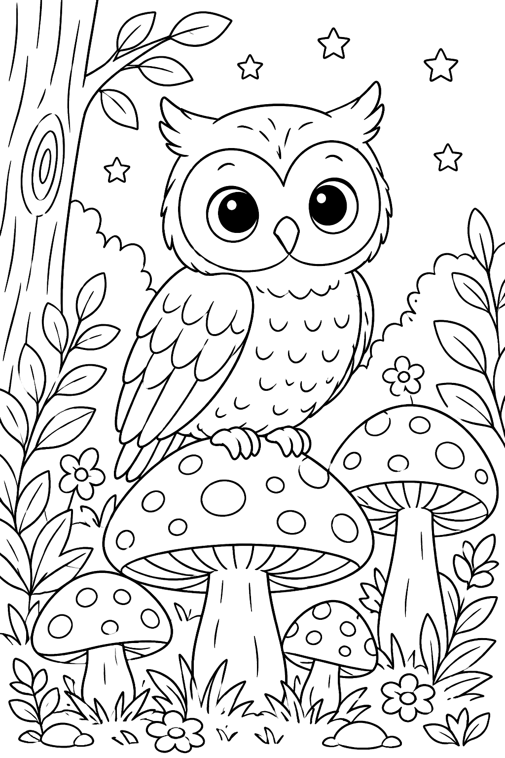Owl among mushrooms coloring page