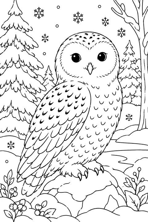 Snowy owl in a winter forest coloring page