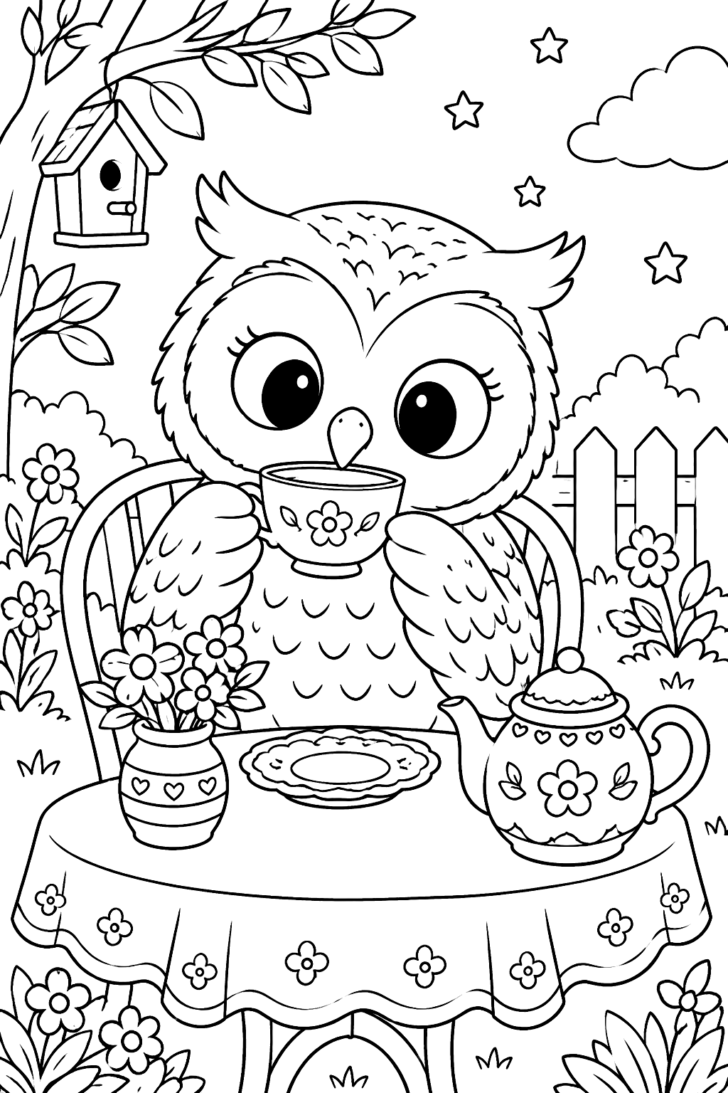 Owl drinking tea coloring page