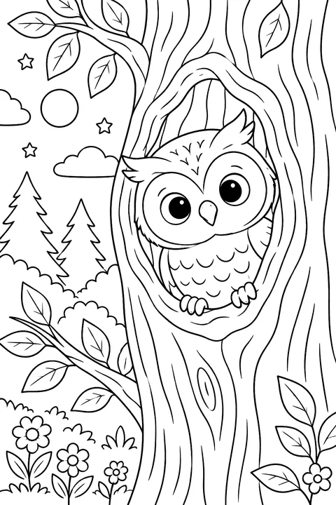 Owl peeking out of a tree hollow coloring page