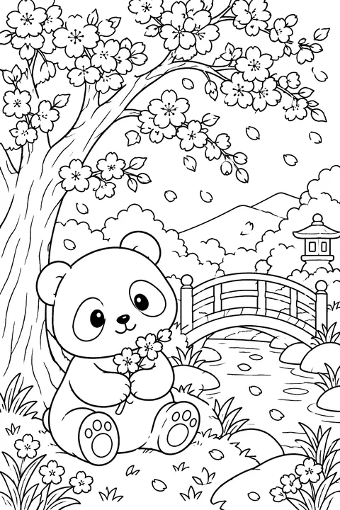 Panda Under the Cherry Blossoms coloring page