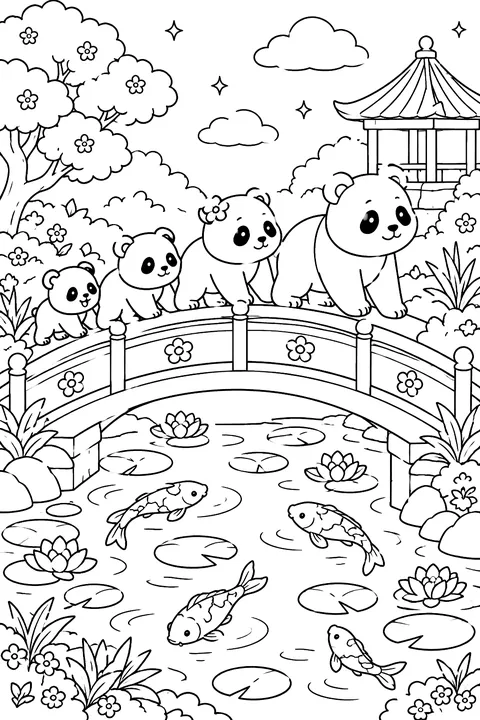 Panda Family on a Garden Bridge coloring page