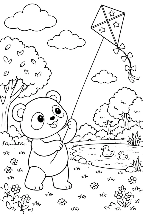 Panda Flying a Kite coloring page