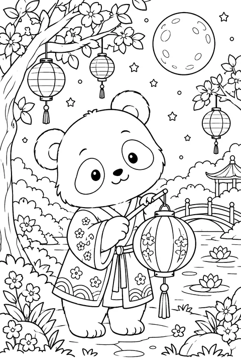 Panda With a Paper Lantern coloring page