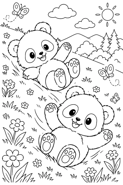 Panda Cubs Rolling Downhill coloring page