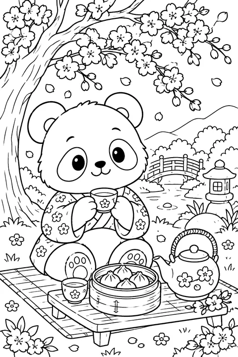 Panda Tea Party coloring page