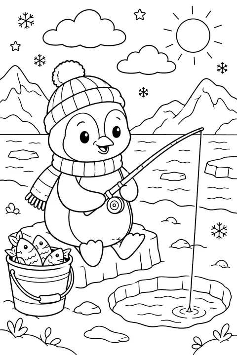 Penguin Ice Fishing coloring page