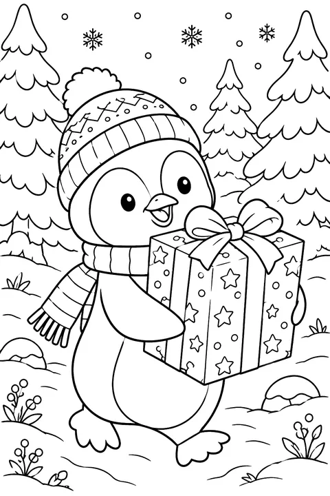Penguin Carrying a Gift coloring page