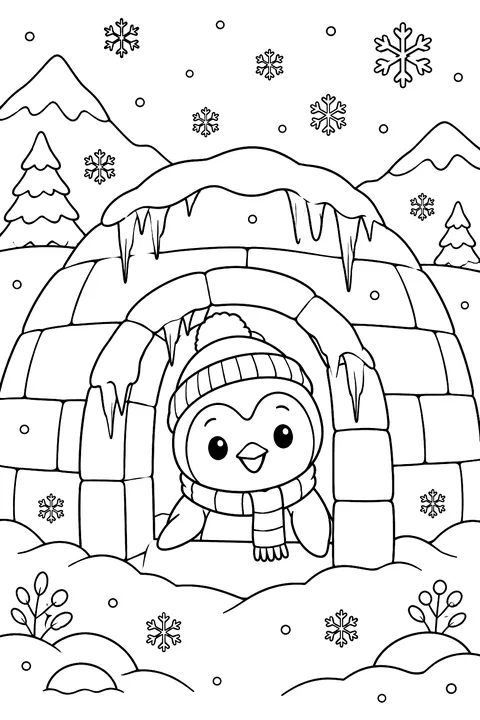 Penguin Peeking From an Igloo coloring page