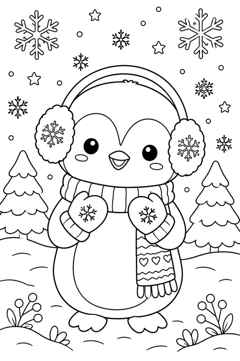 Kawaii Penguin in Earmuffs coloring page