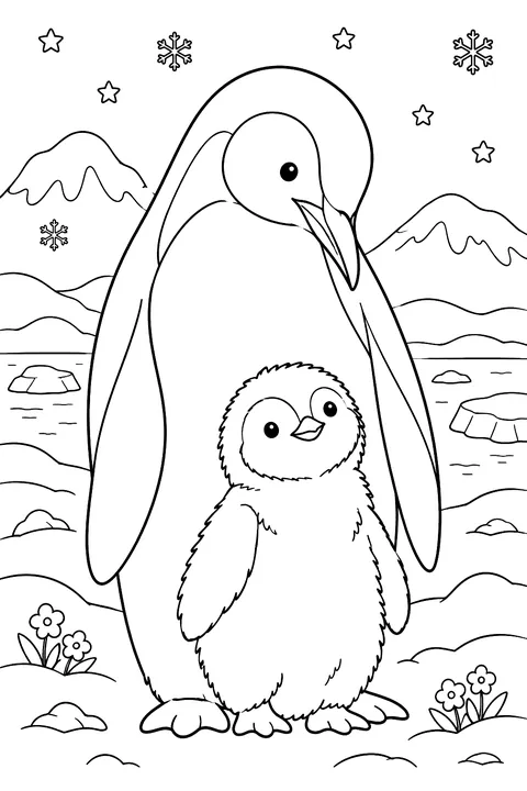 Mother Penguin and Chick coloring page