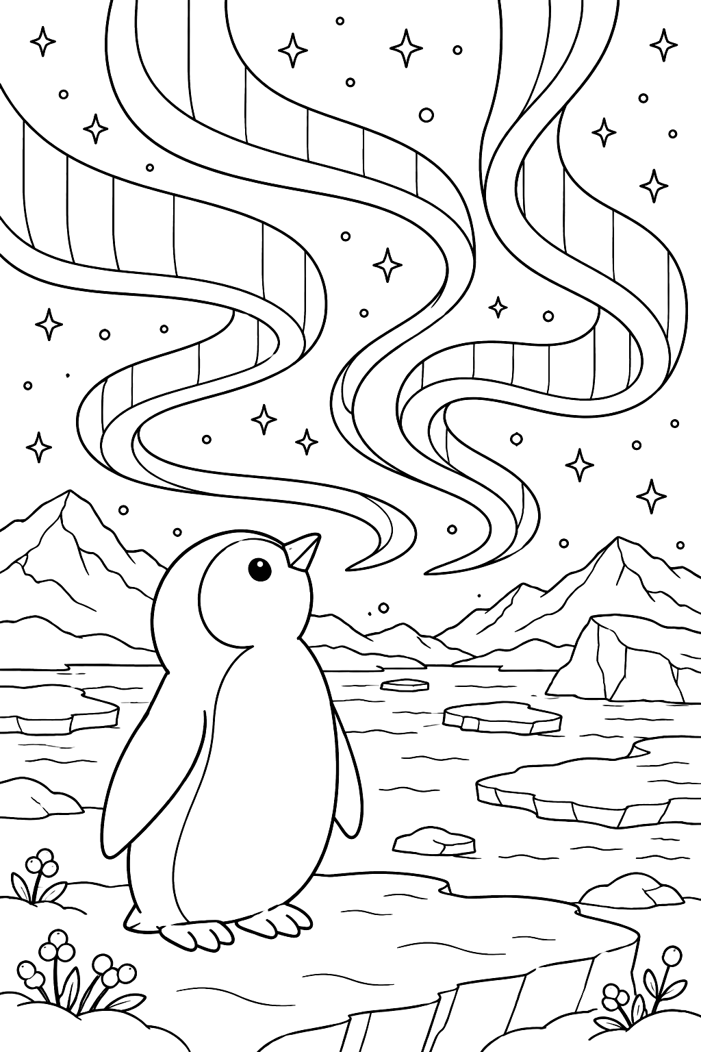 Penguin and the Northern Lights coloring page