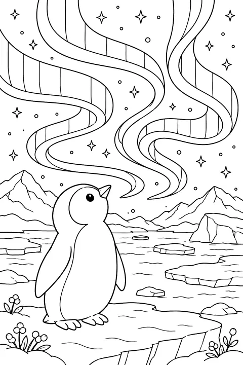 Penguin and the Northern Lights coloring page