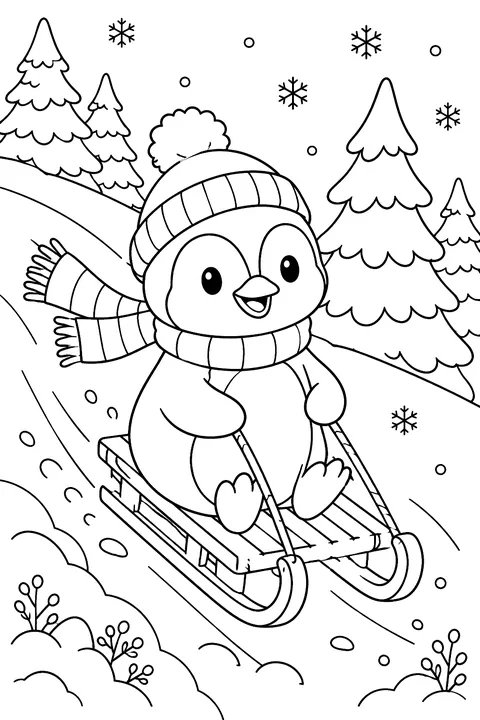 Penguin Sledding coloring page