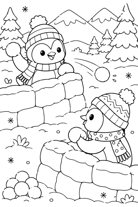 Penguin Snowball Fight coloring page