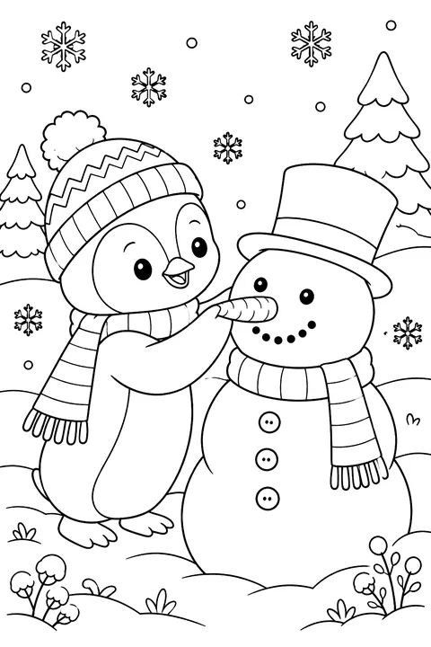 Penguin Building a Snowman coloring page