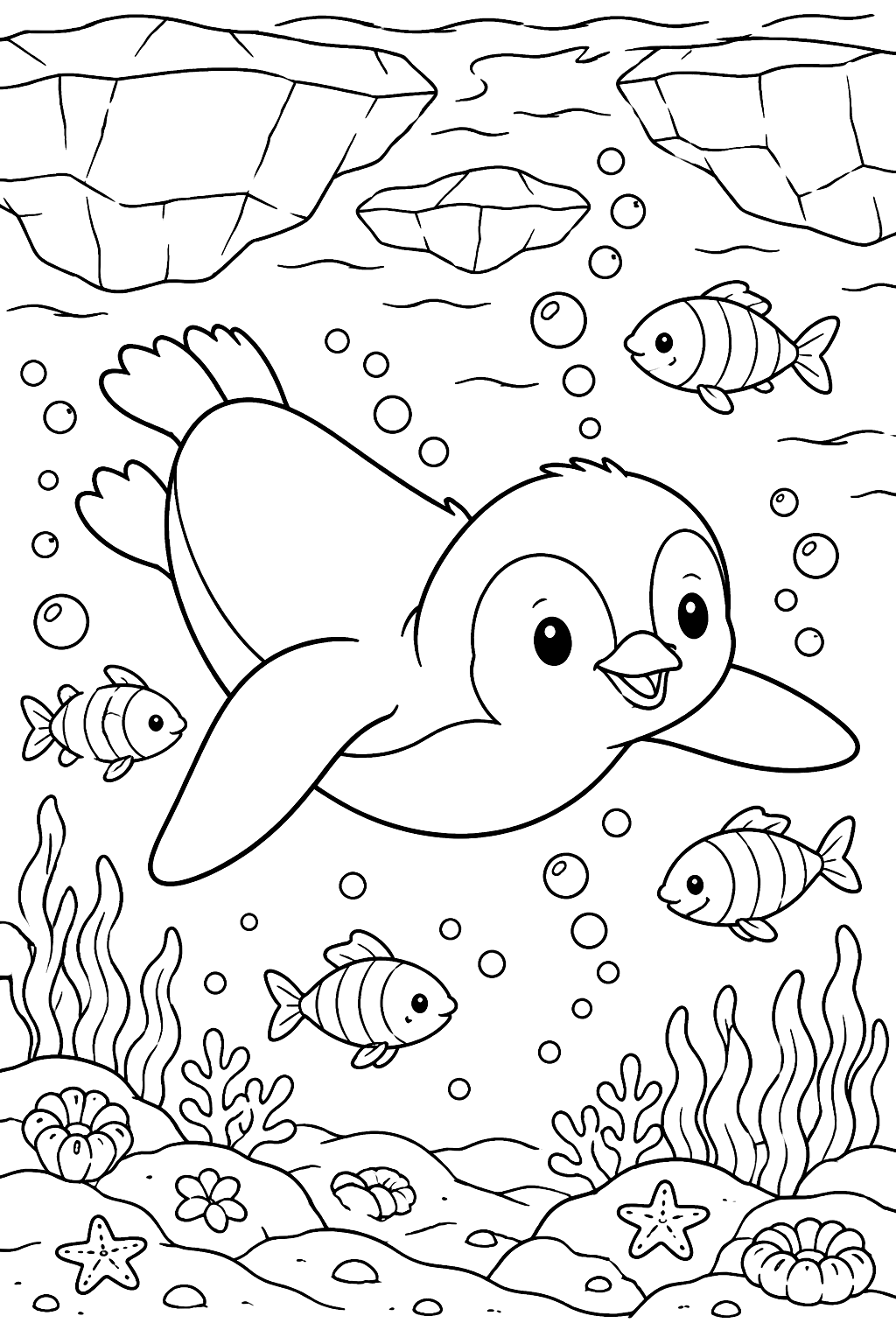 Penguin Swimming Underwater coloring page