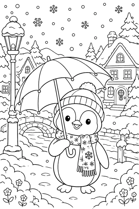 Penguin With an Umbrella coloring page