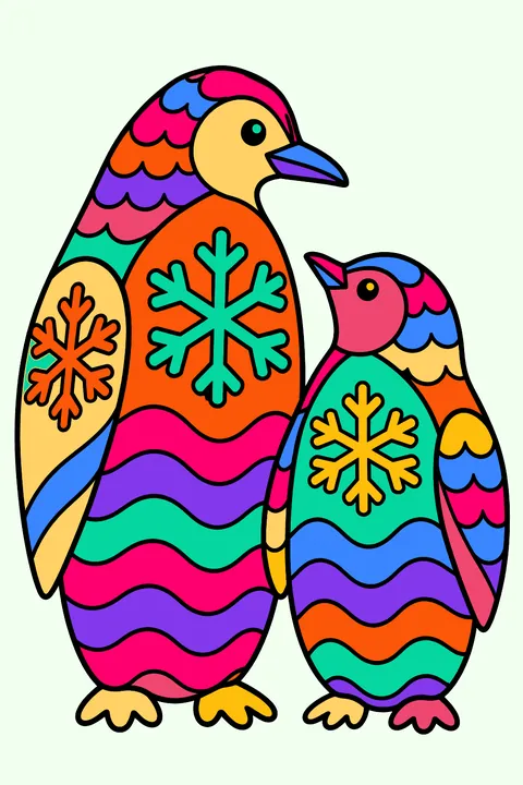 Patterned Winter Penguins coloring page