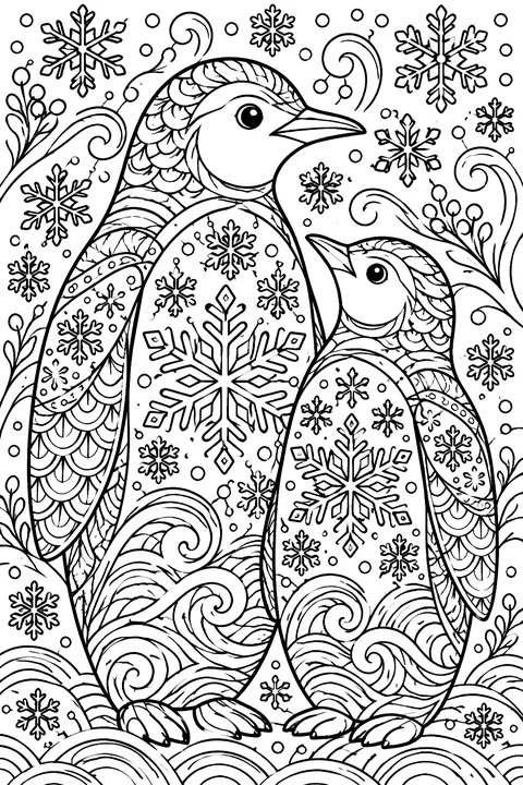 Patterned Winter Penguins coloring page