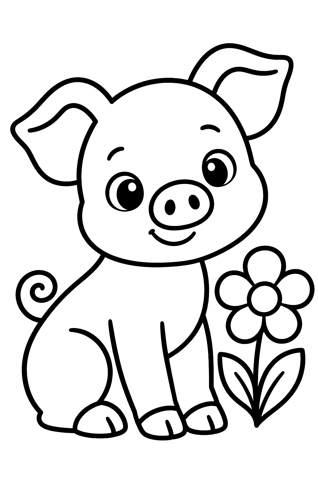 Baby piglet with a curly tail sitting next to a flower coloring page