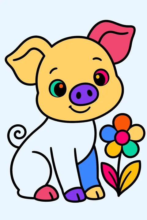 Baby piglet with a curly tail sitting next to a flower coloring page