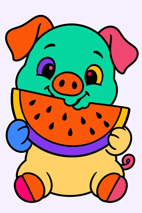 Little pig eating a big slice of juicy watermelon coloring page