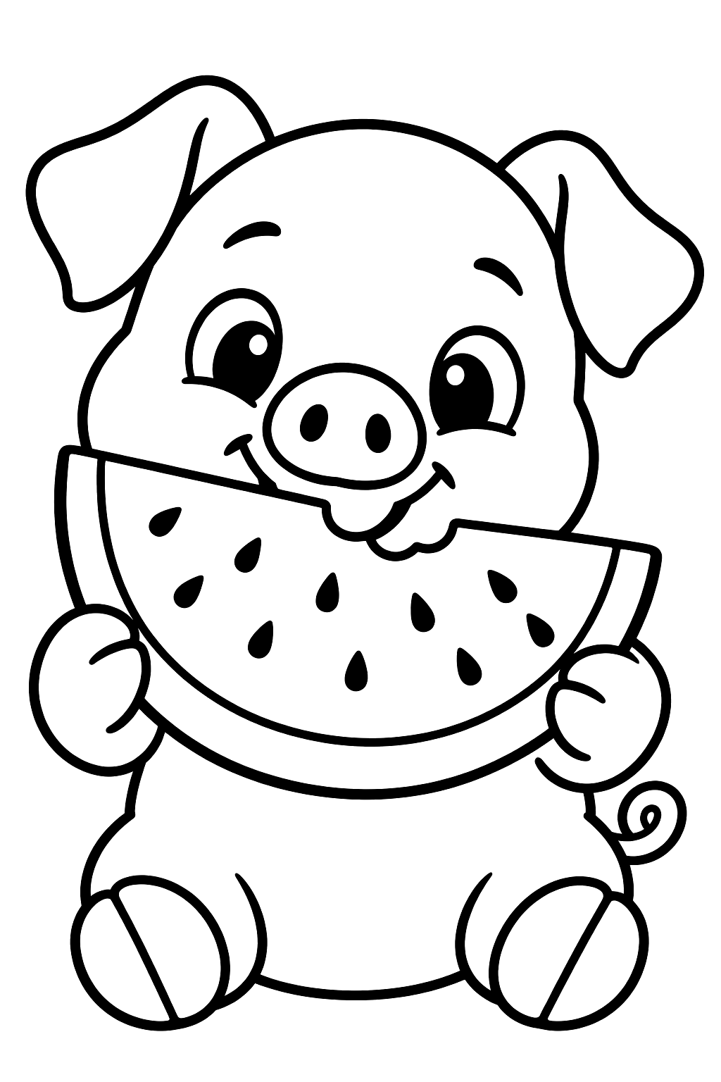 Little pig eating a big slice of juicy watermelon coloring page