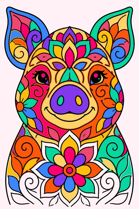 Pig portrait filled with ornate mandala patterns and swirling floral shapes coloring page