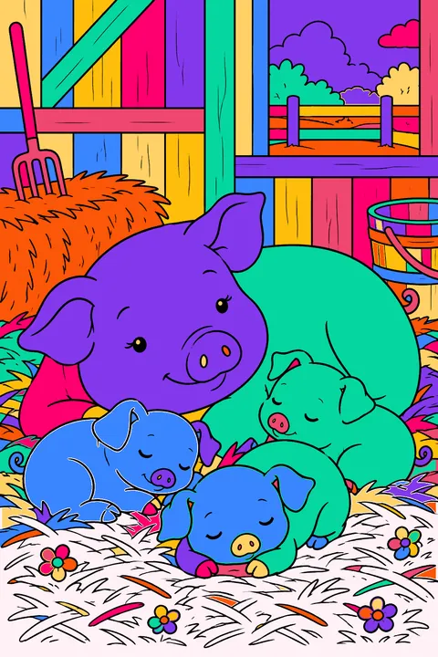Mother pig resting in the barn straw with three sleepy piglets coloring page