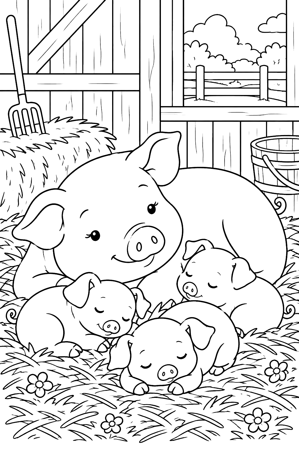 Mother pig resting in the barn straw with three sleepy piglets coloring page