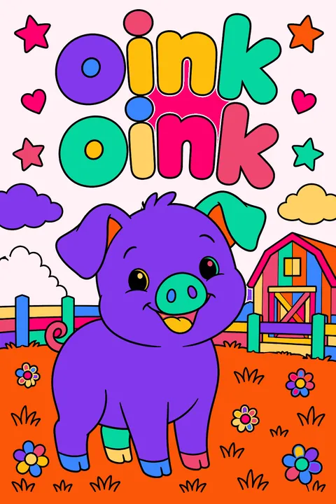 Big outline bubble letters spelling oink oink with a smiling pig below coloring page