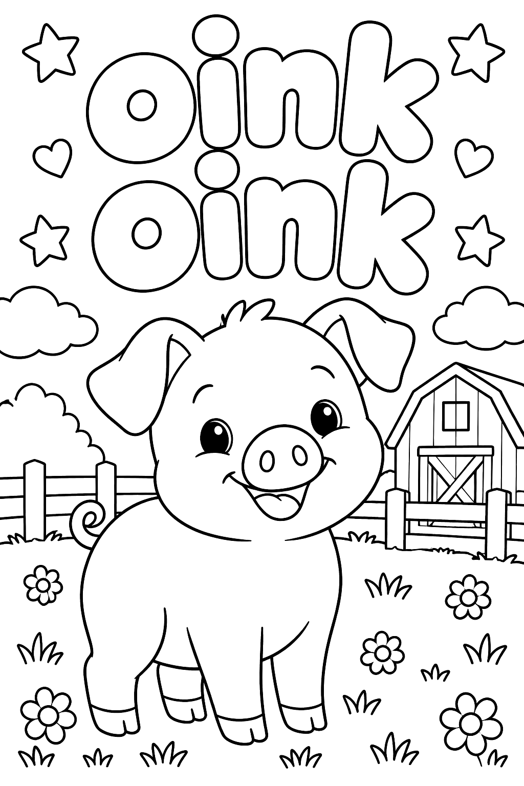 Big outline bubble letters spelling oink oink with a smiling pig below coloring page