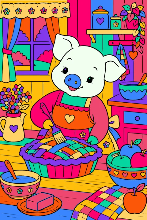 Pig in an apron baking an apple pie in a cozy kitchen coloring page