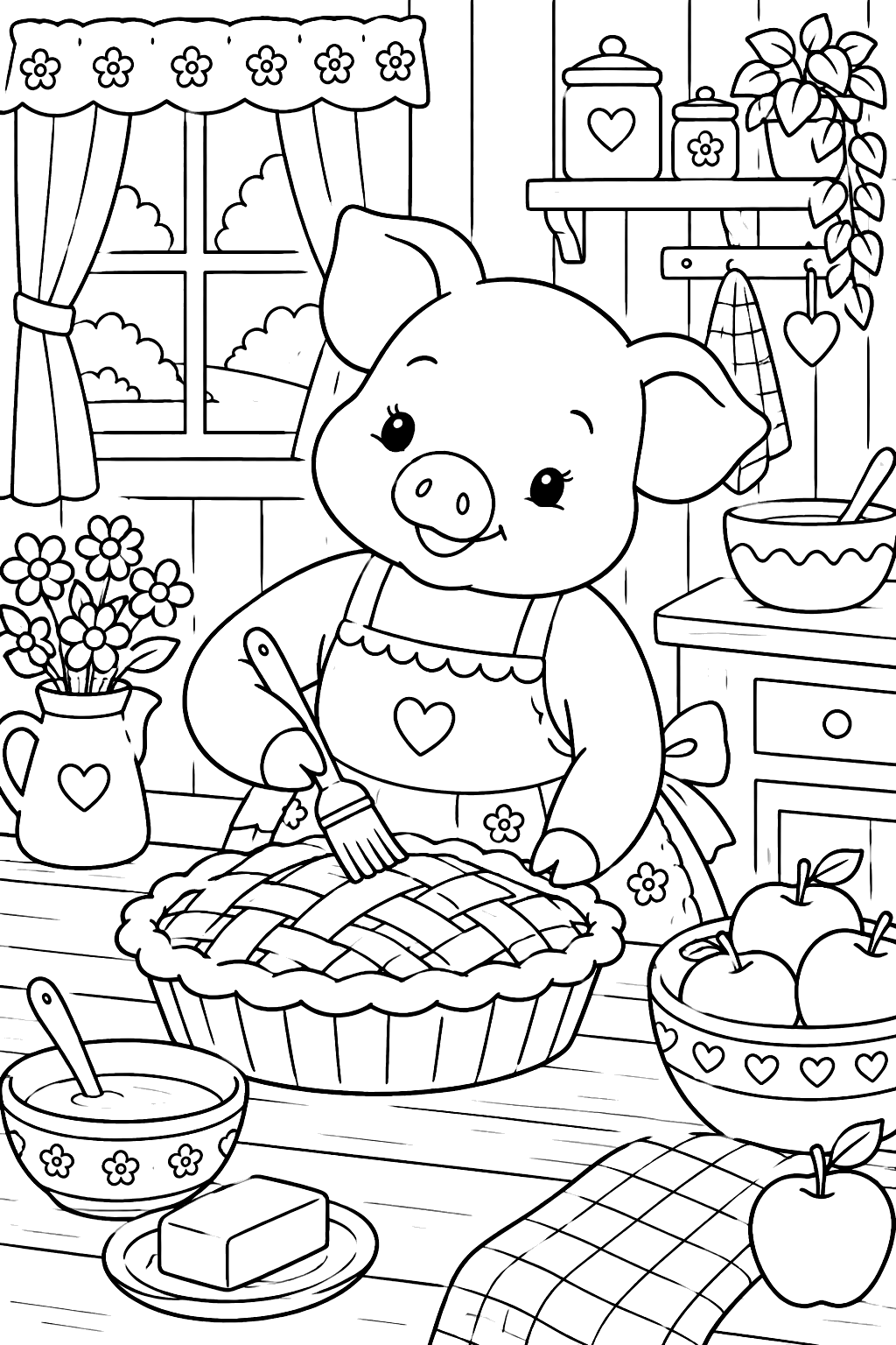Pig in an apron baking an apple pie in a cozy kitchen coloring page