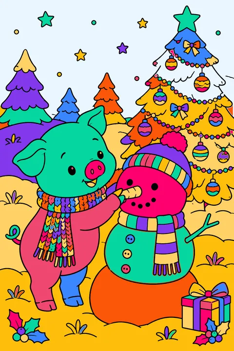 Pig in a knitted scarf building a snowman beside a decorated christmas tree coloring page
