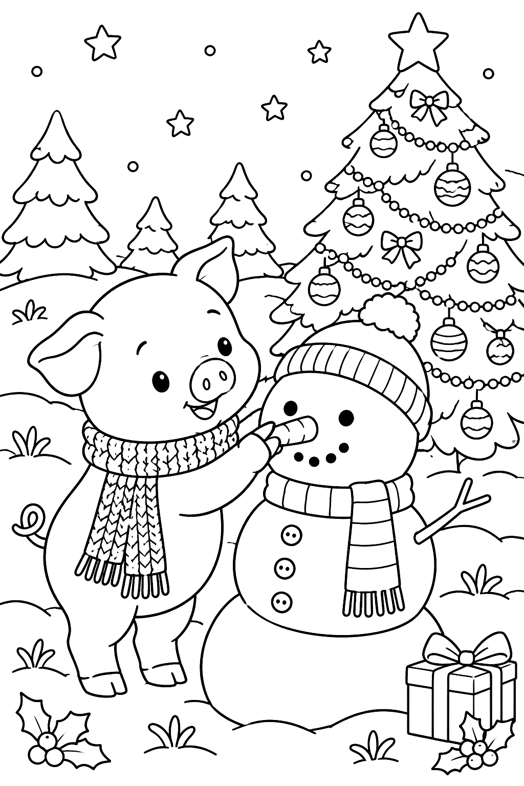 Pig in a knitted scarf building a snowman beside a decorated christmas tree coloring page