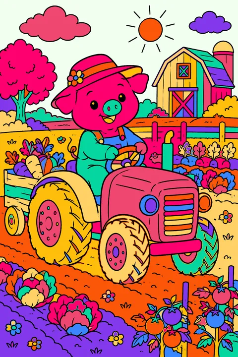 Pig driving a little tractor through a vegetable garden on the farm coloring page