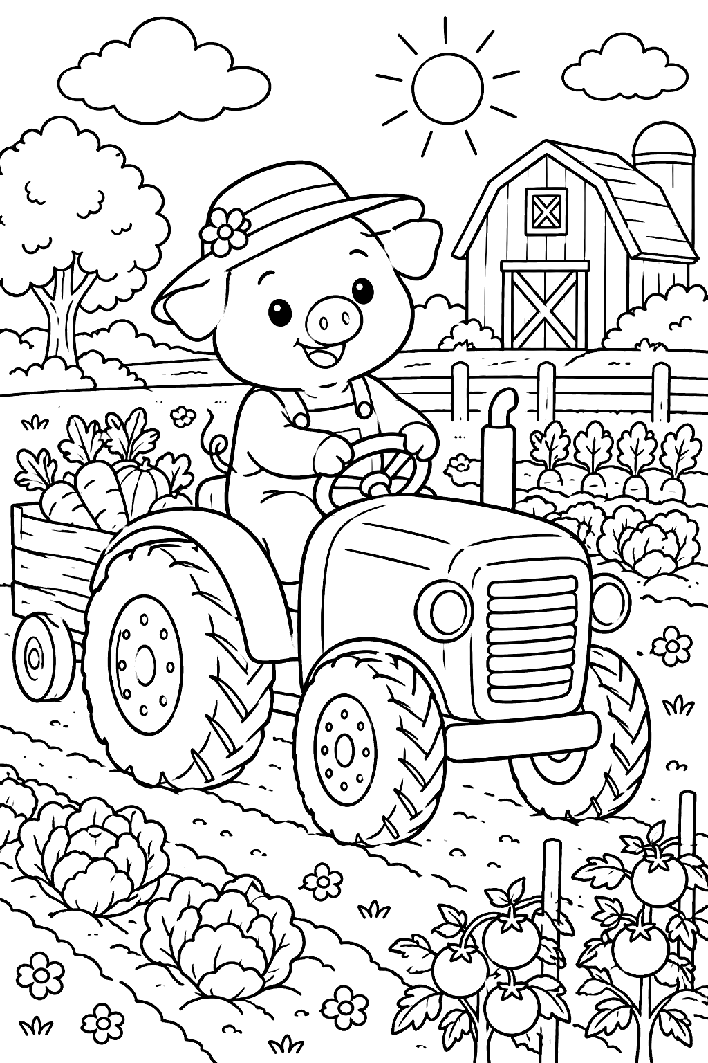 Pig driving a little tractor through a vegetable garden on the farm coloring page