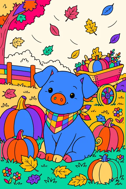 Pig sitting in a fall pumpkin patch with falling leaves and a wheelbarrow coloring page
