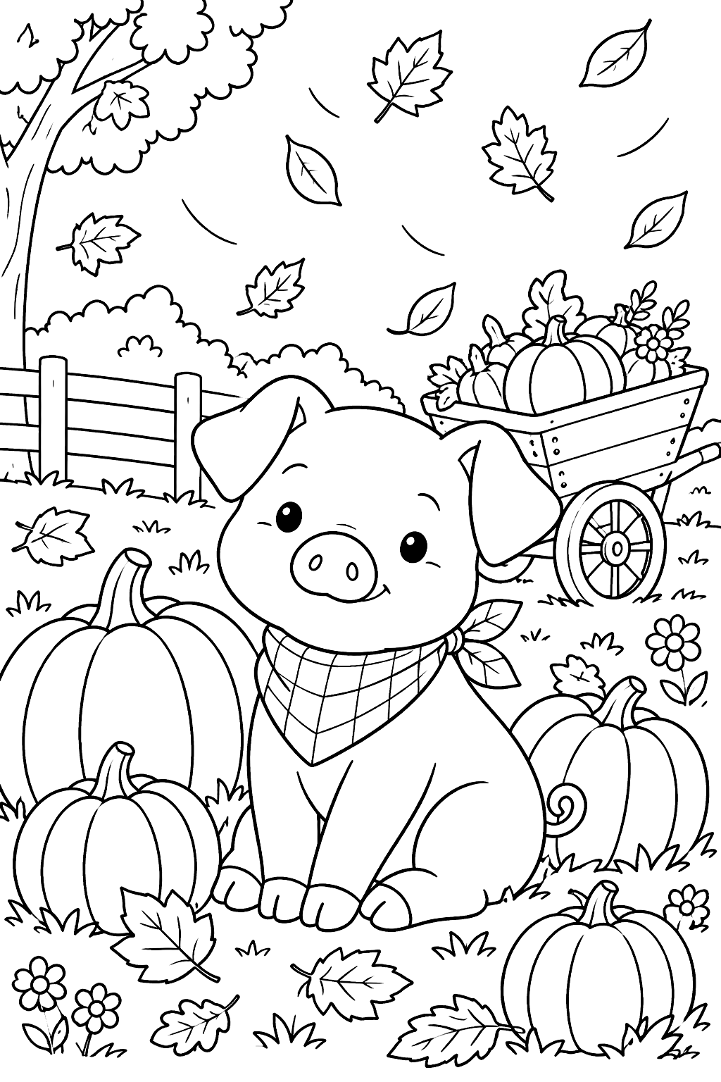 Pig sitting in a fall pumpkin patch with falling leaves and a wheelbarrow coloring page