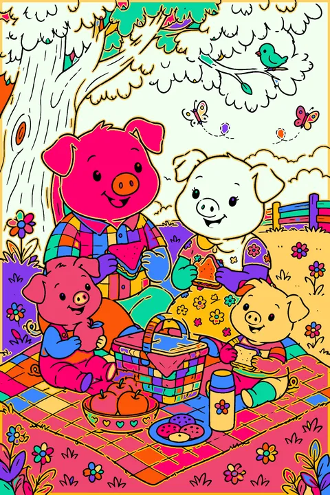 Pig family having a picnic on a checkered blanket under a shady tree coloring page