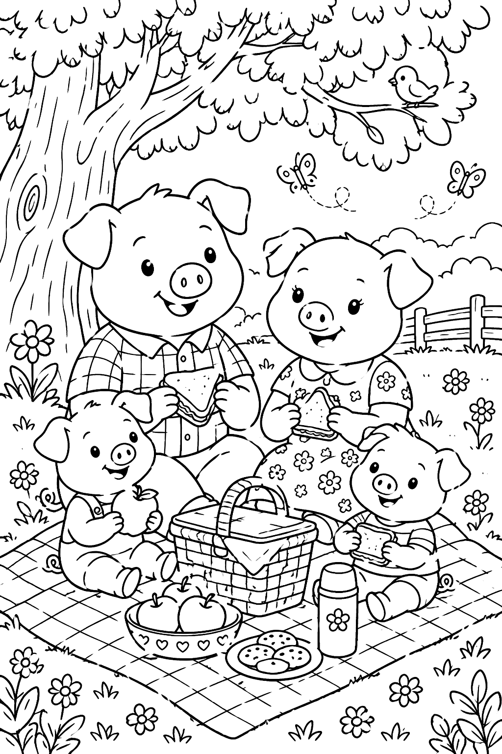 Pig family having a picnic on a checkered blanket under a shady tree coloring page