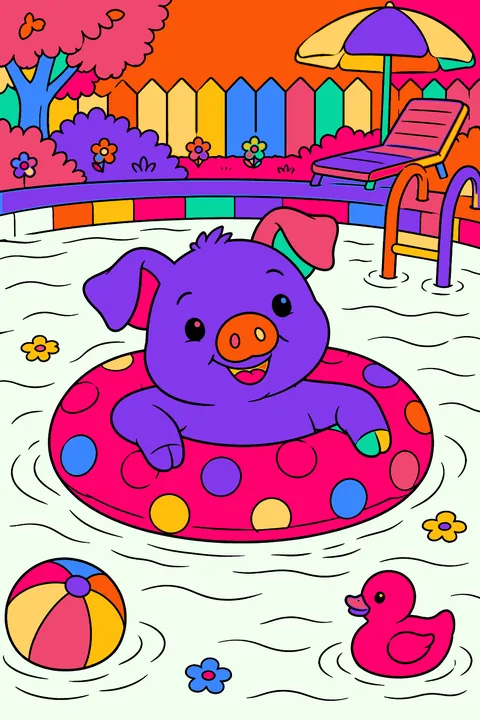 Pig floating on an inflatable ring in a backyard swimming pool coloring page