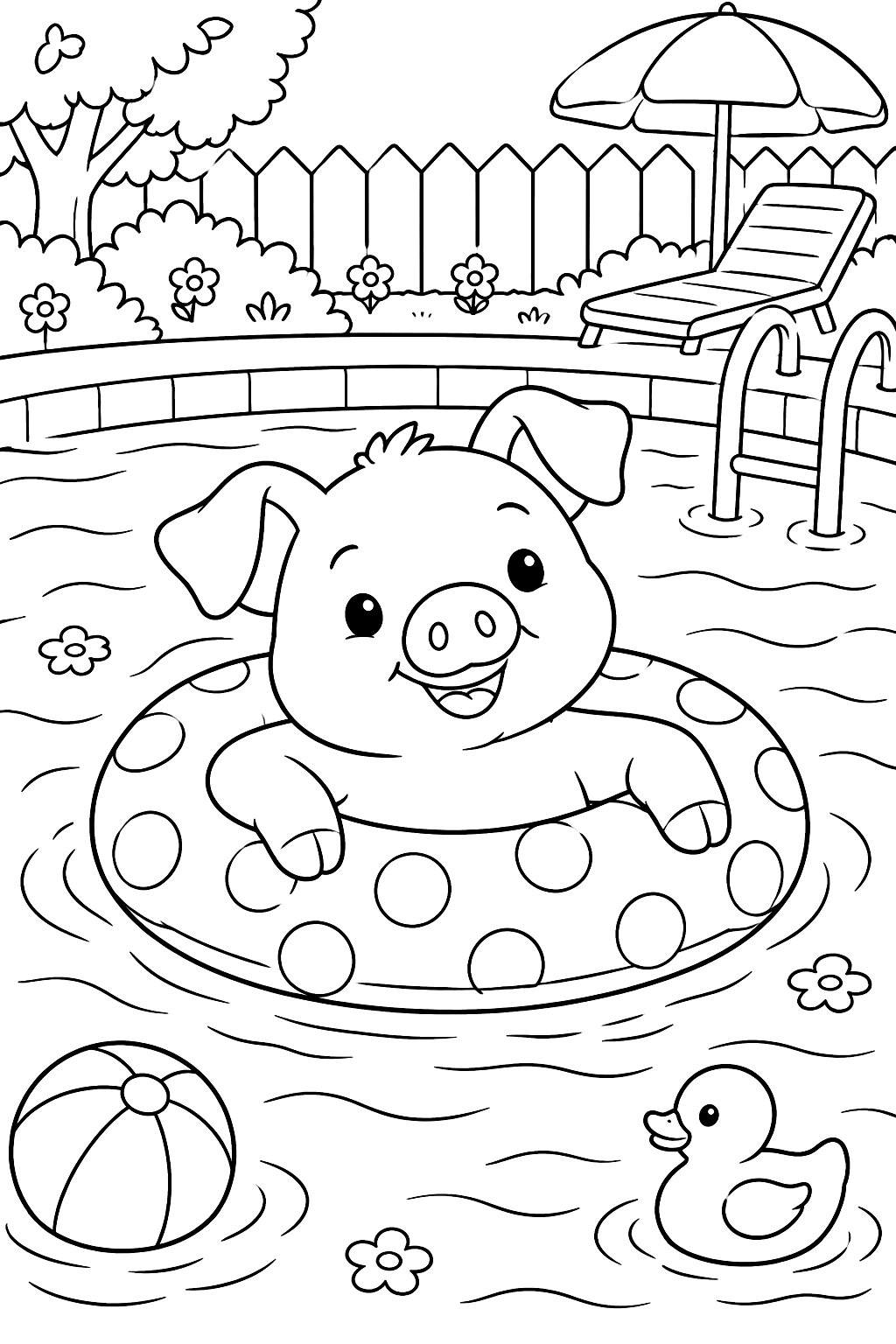 Pig floating on an inflatable ring in a backyard swimming pool coloring page