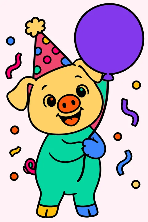 Happy pig holding a big round balloon at a party coloring page