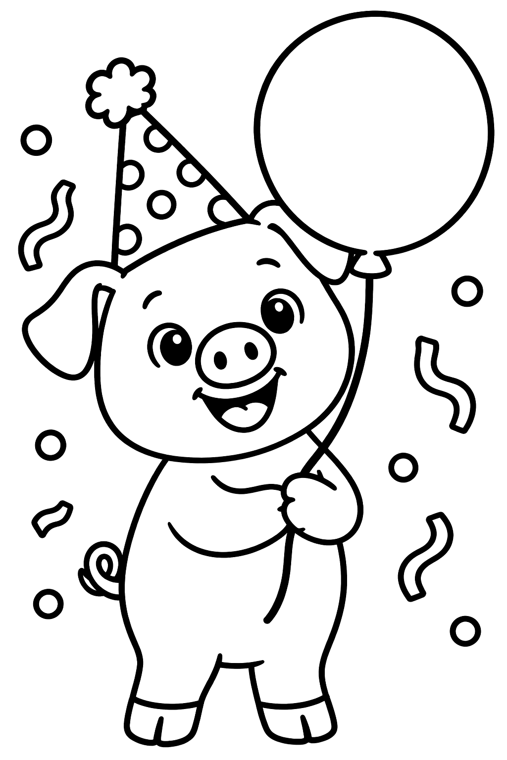 Happy pig holding a big round balloon at a party coloring page