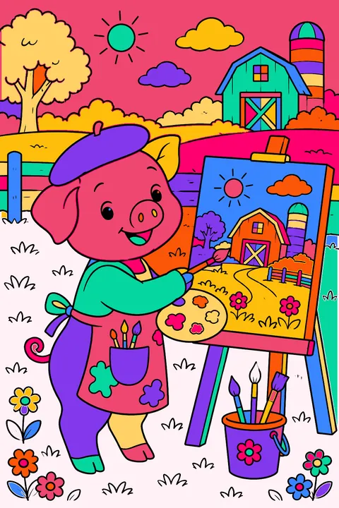 Pig painter standing at an easel painting a picture of the farm coloring page