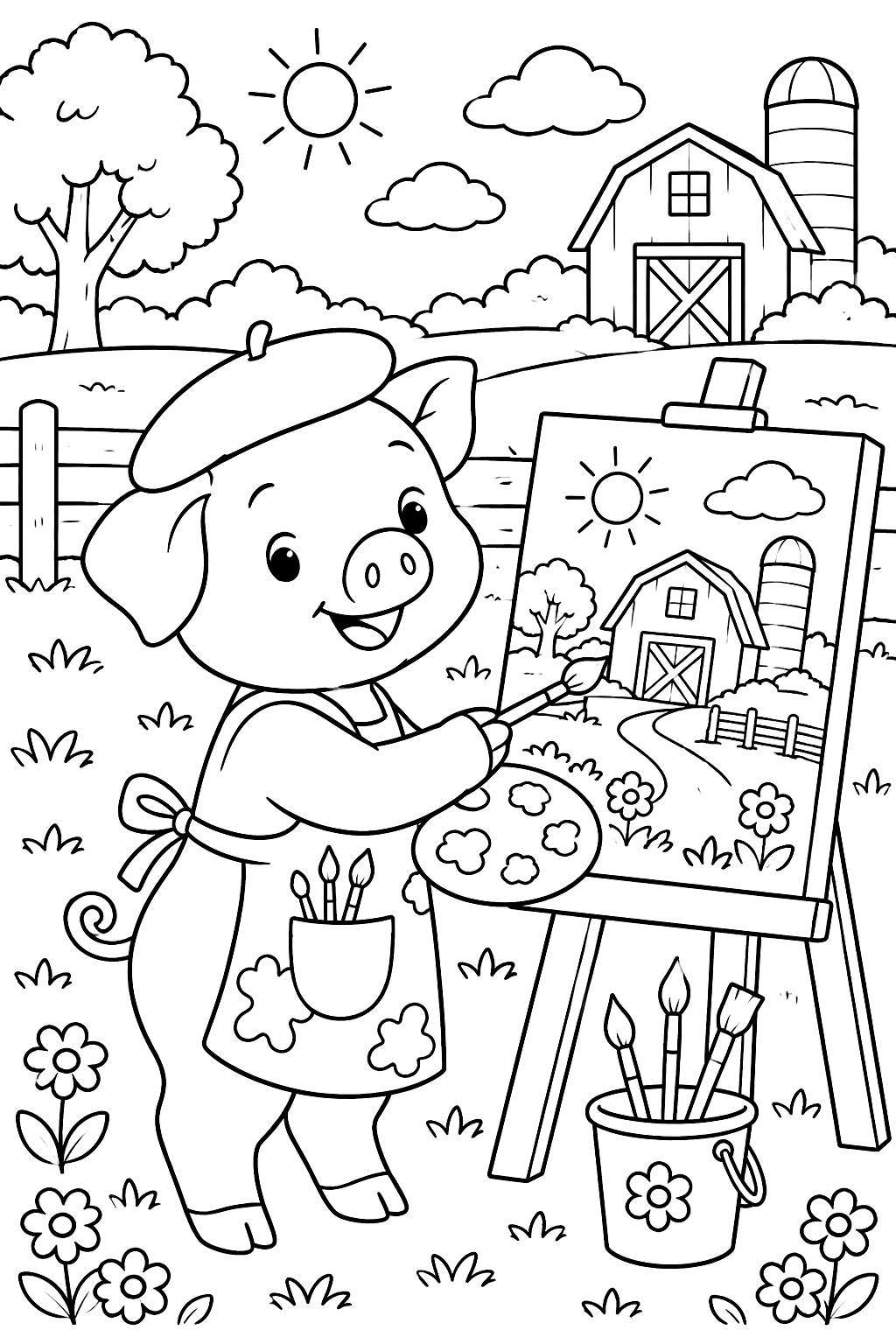 Pig painter standing at an easel painting a picture of the farm coloring page